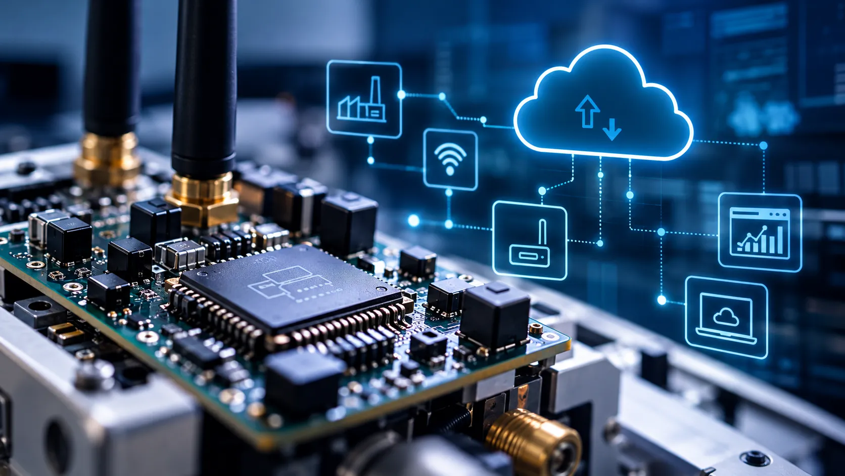 Placa eletrônica conectada a serviços de nuvem, telemetria e aplicações industriais